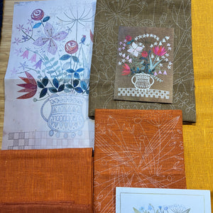 SECONDS SALE Quilter's Nordiska 2  - Orange/Brown  Linen Floral & Bird Theme 9A